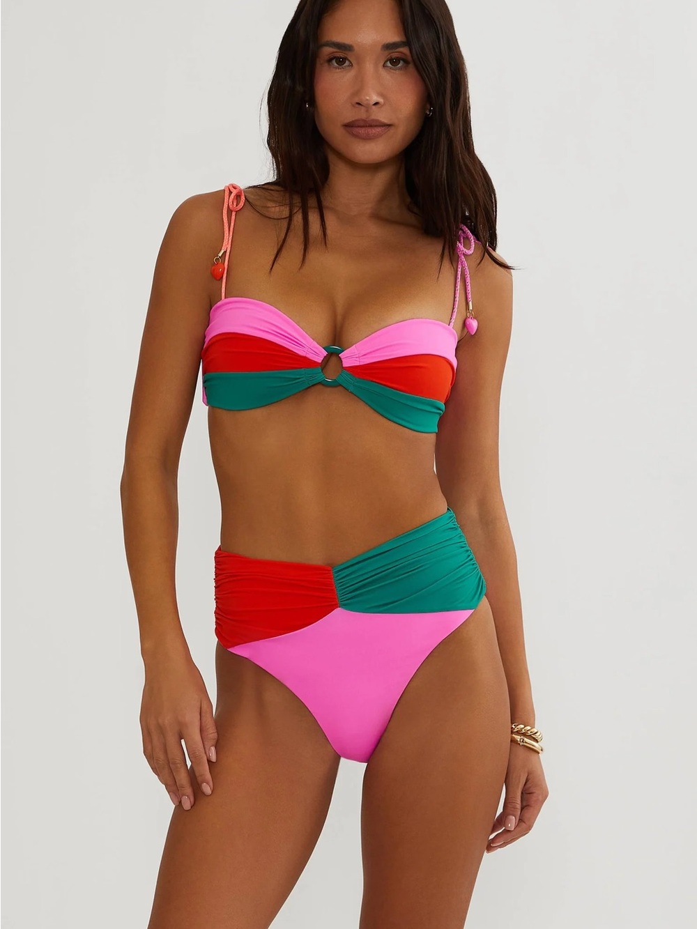 Beach Riot Pink Red Green Colorblock Tie Bikini Top